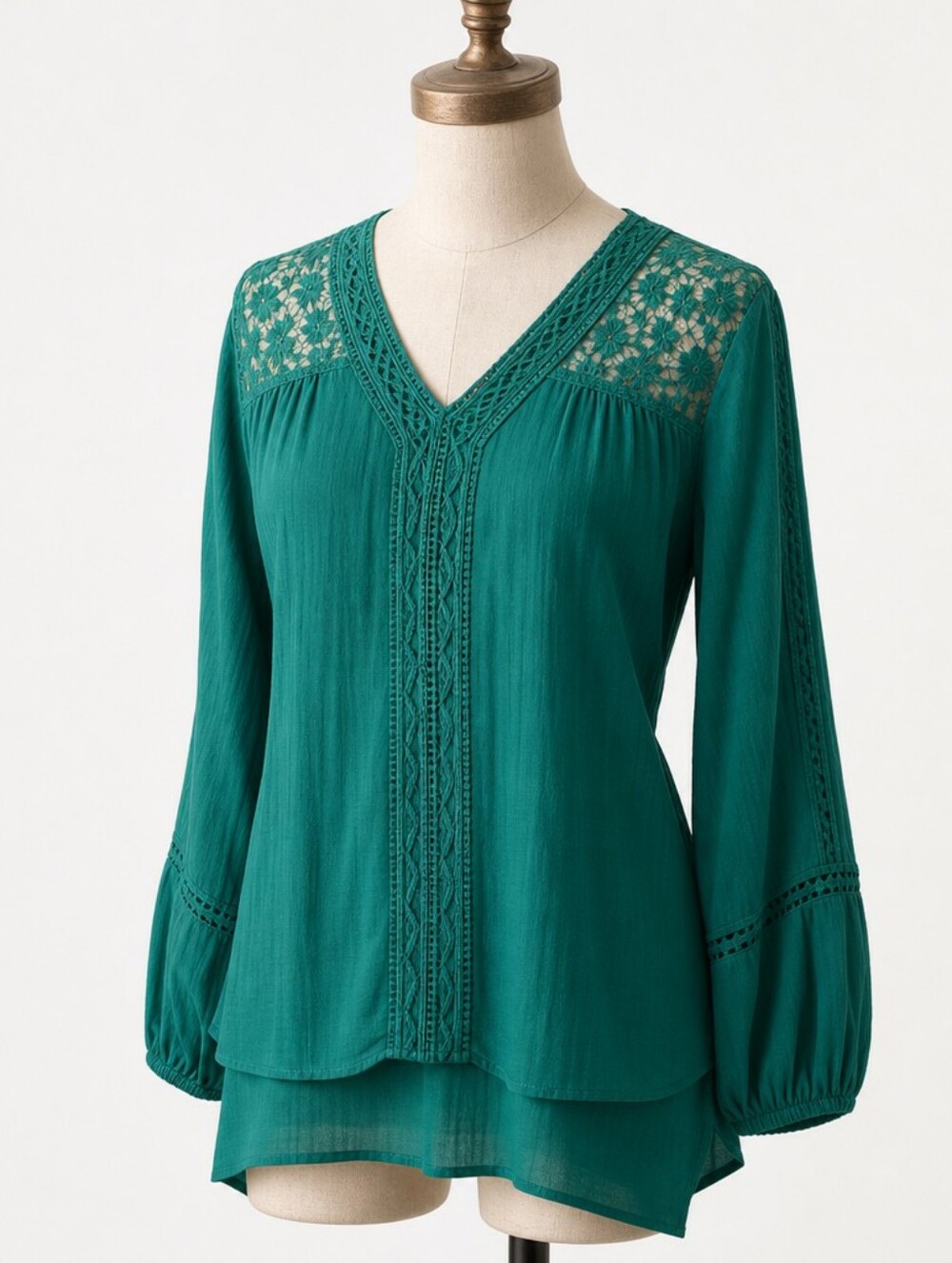 Style & Co Boho Top Jade Green Embroidered Lace Long Sleeve V‑Neck PETITE LARGE